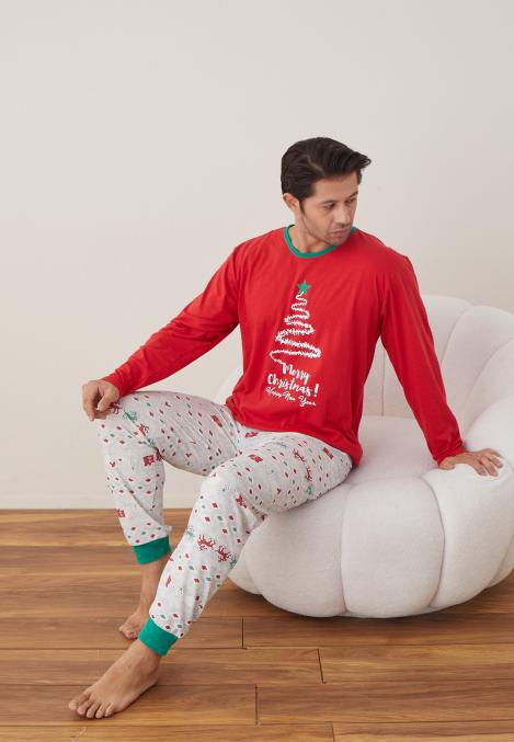 Pijama barbati Craciun " Merry Chrystmas " maneca lunga ,pantaloni lungi,Culoare Rosu Engros